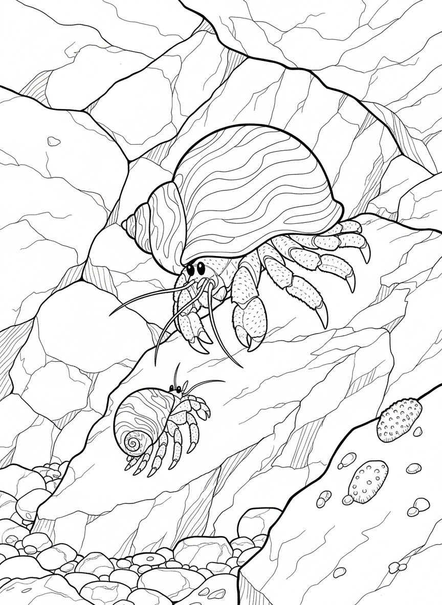 Hermit crab family scene with parent and baby crabs in matching spiral shells exploring a rocky crevice.