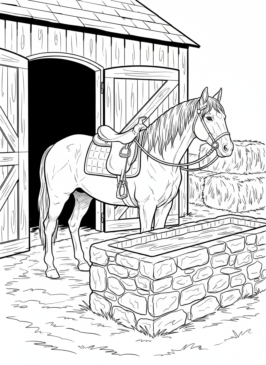 A horse wearing a saddle standing next to a water trough, with a stable door and hay bales visible nearby.