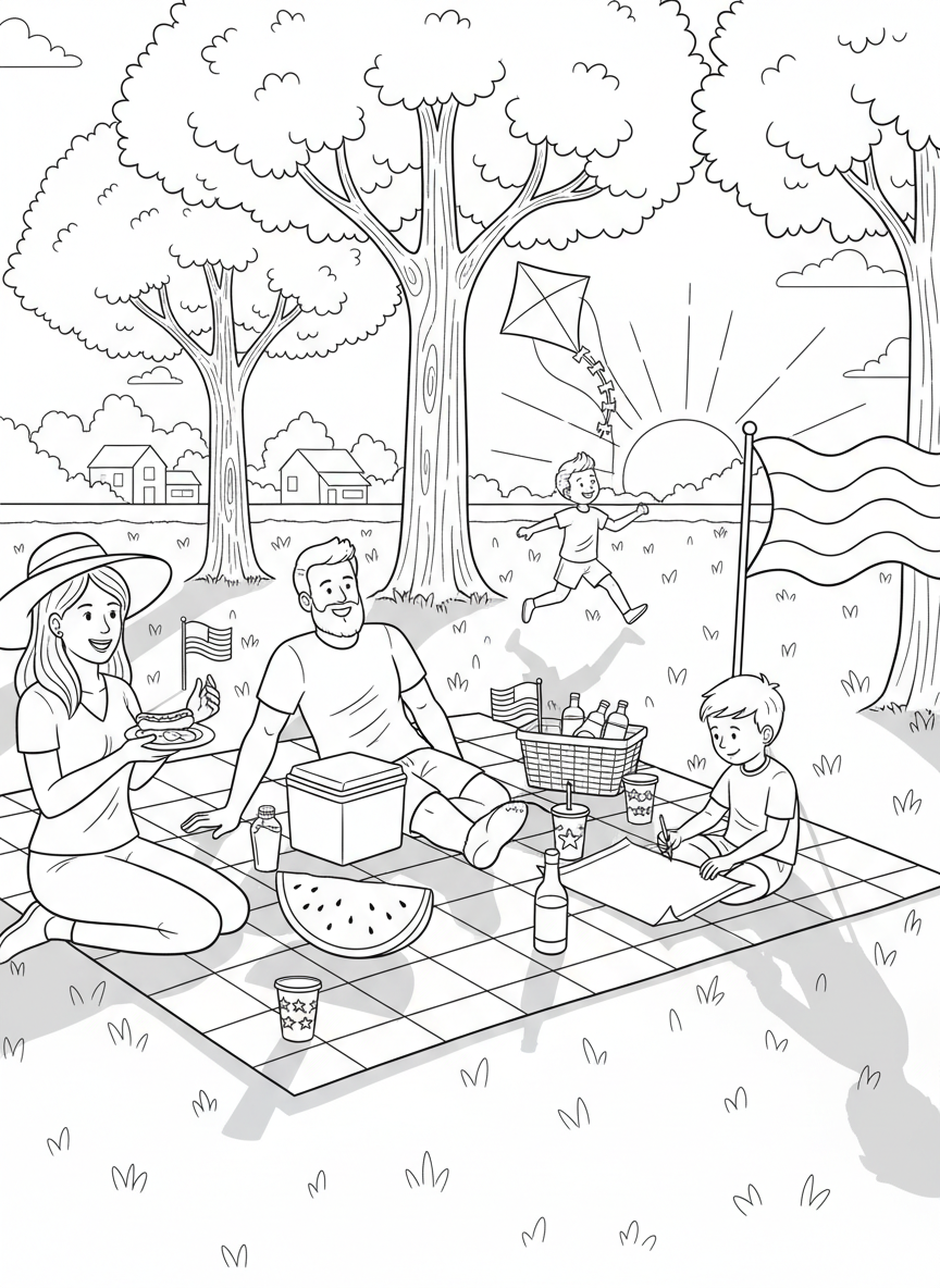 Fourth of July Picnic coloring page prompts capturing summer gatherings, patriotic colors, and relaxed outdoor celebrations.	A late afternoon picnic moment as sunlight softens and shadows stretch across the grass.