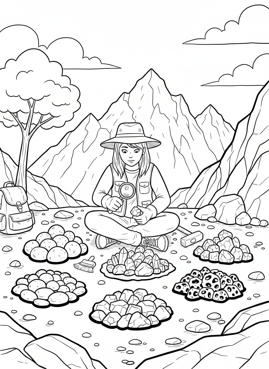 A young geologist wearing a sun hat, sitting cross-legged, sorting rocks into different piles by type and color outdoors.