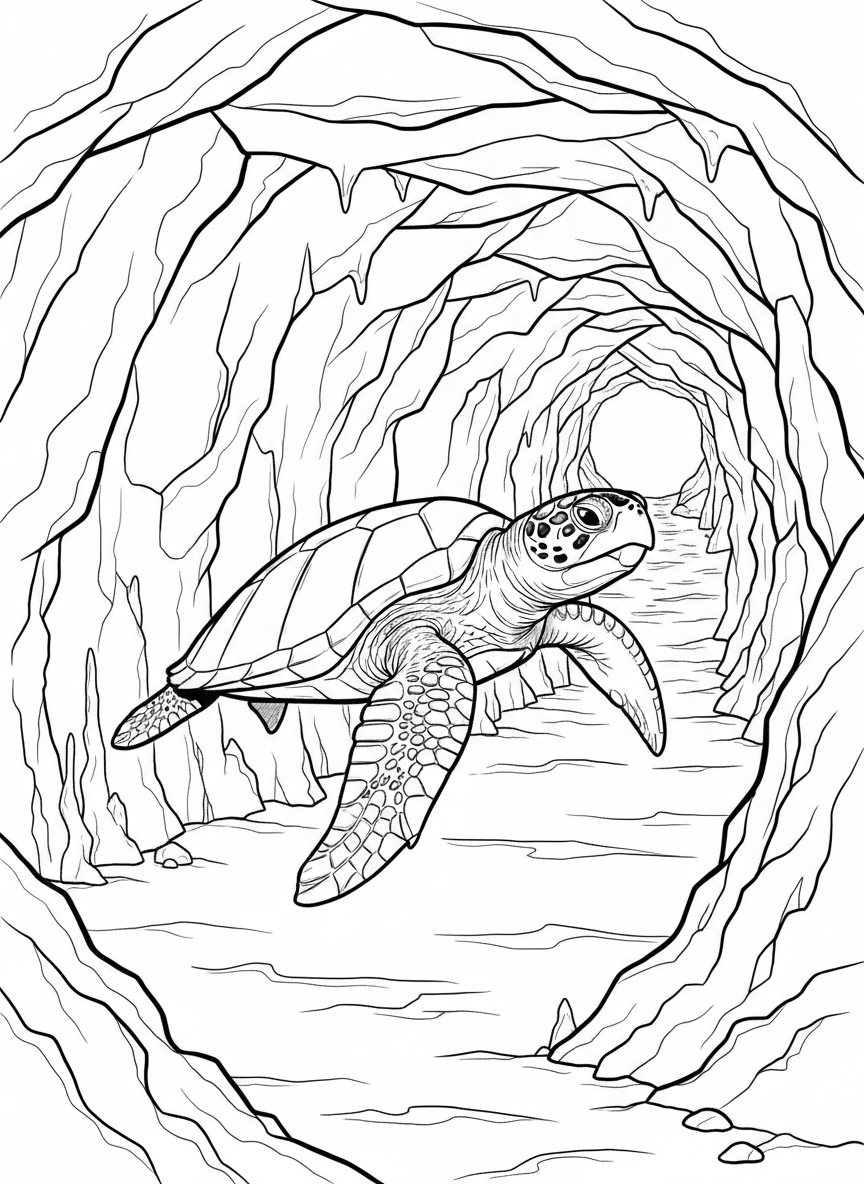 A curious sea turtle exploring a narrow cave tunnel with rock formations on both sides, swimming toward a bright opening in the distance