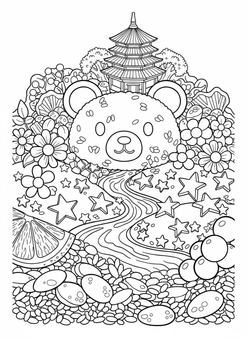 A bento box adventure scene with rice shaped like a bear face, vegetable flowers, and star-shaped foods creating a landscape