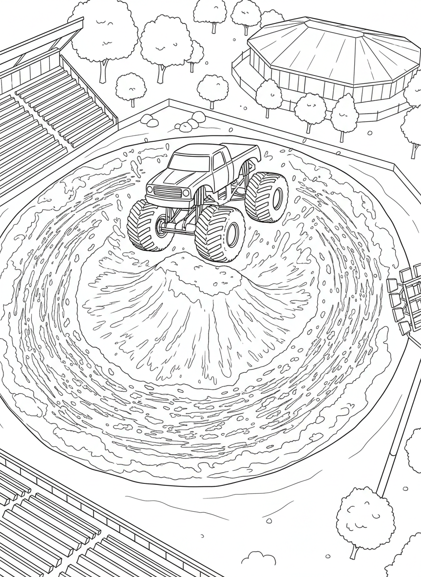 An aerial view of a monster truck navigating a circular dirt track, tire marks visible in the mud below.