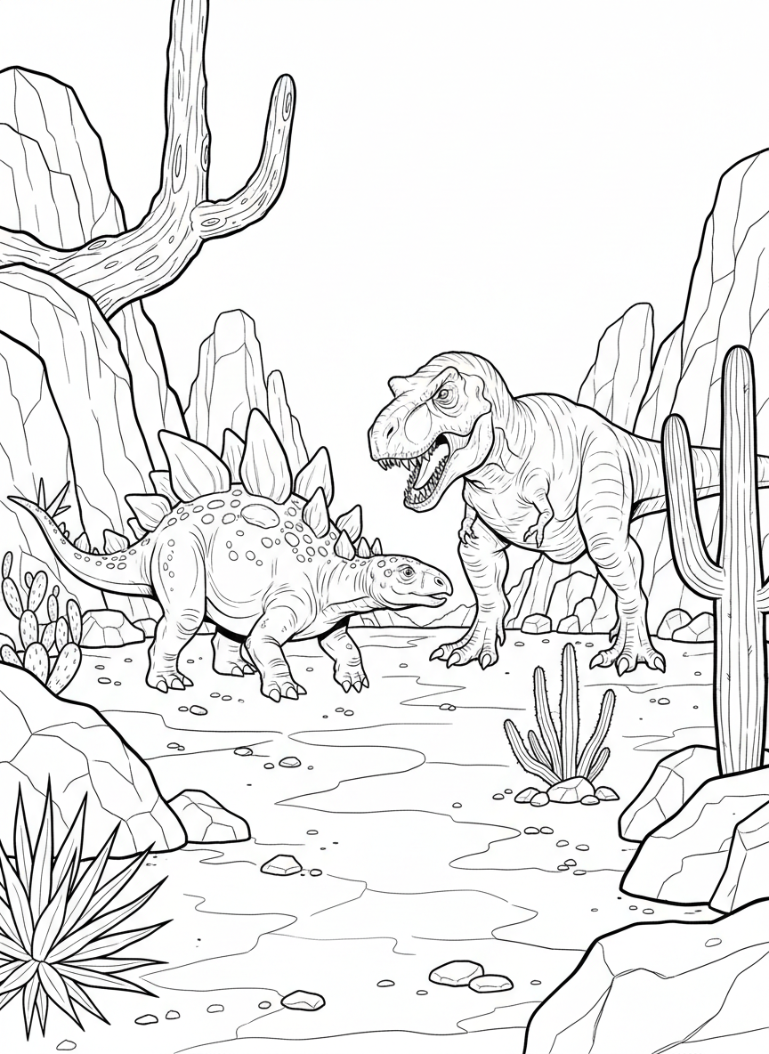 A Stegosaurus and T-Rex facing each other in a standoff pose in a rocky desert landscape with cacti and boulders.