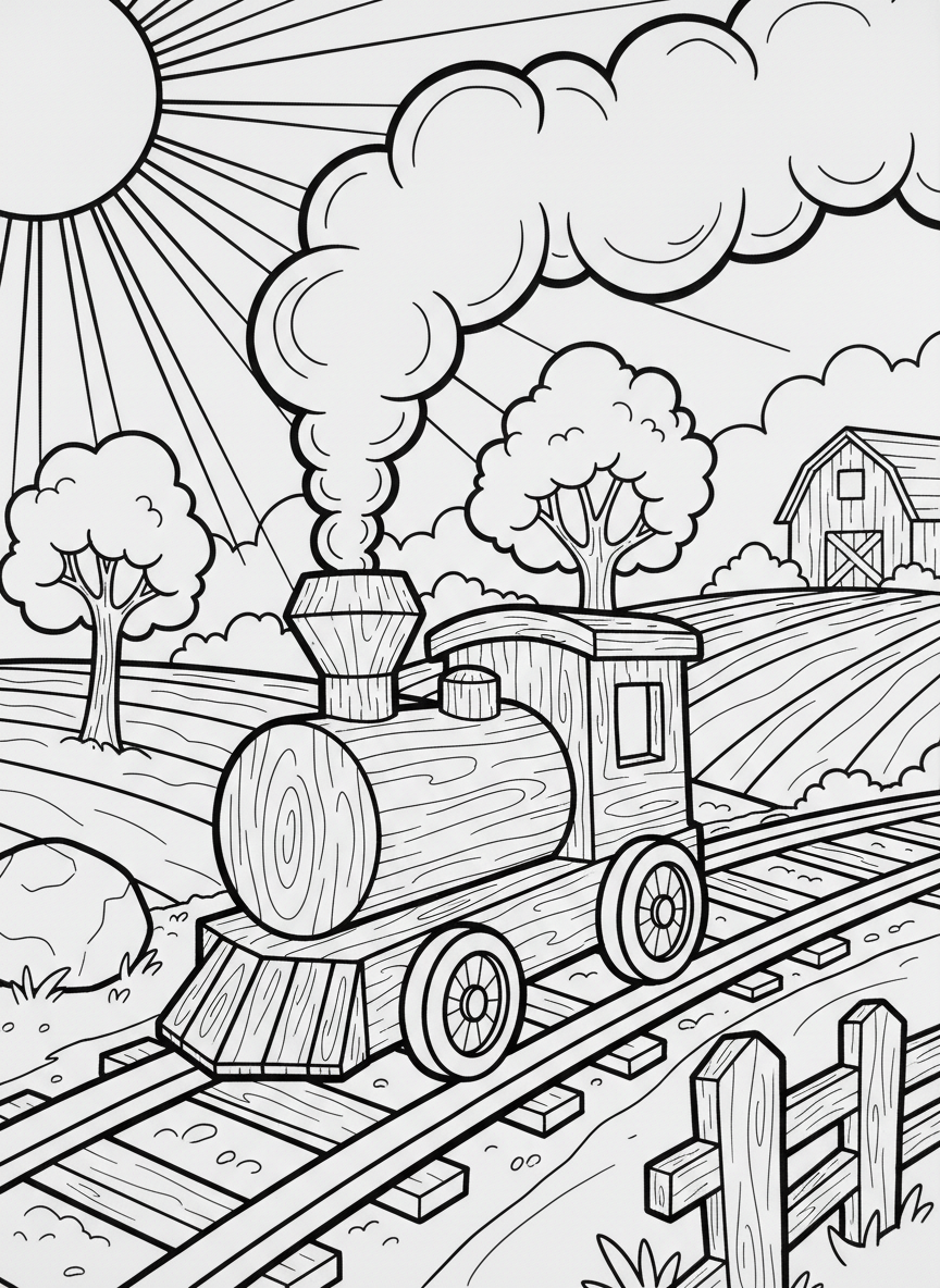 A hand-carved wooden train engine with steam puffing from chimney, traveling on simple tracks through countryside, line art for coloring