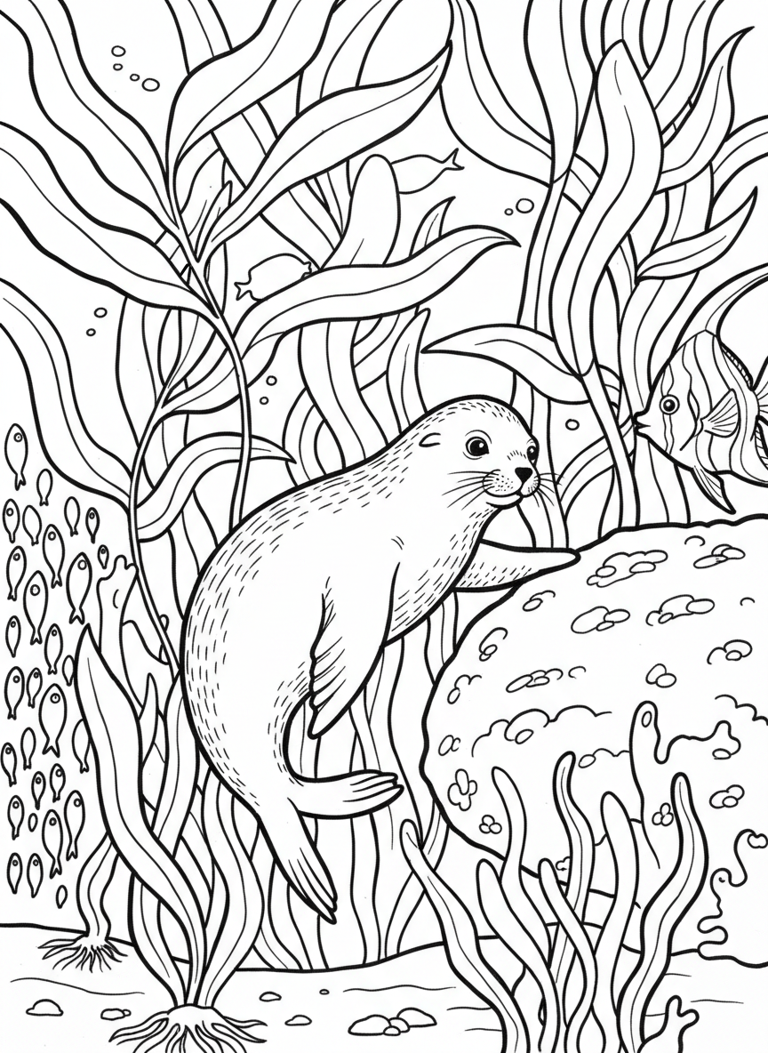 A sea lion playfully swimming through a kelp forest with coral reef visible below and fish scattered throughout