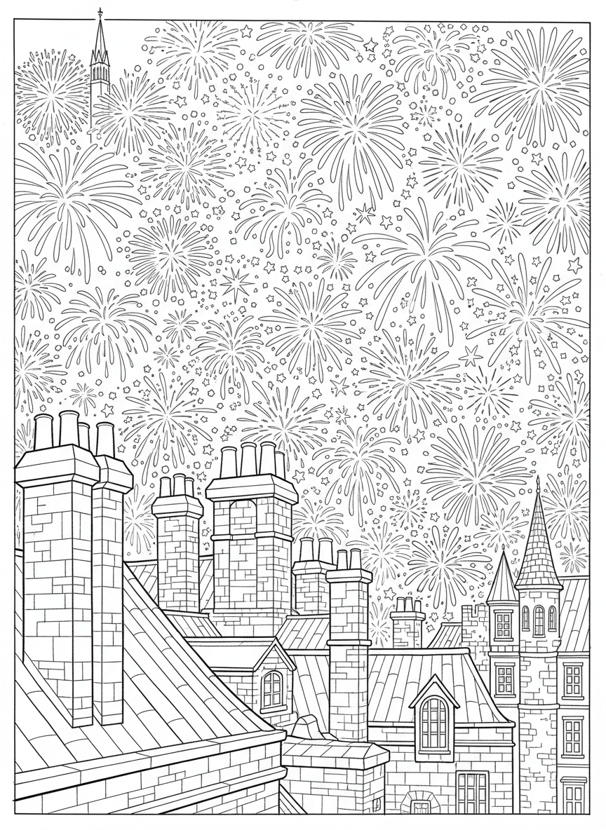A rooftop view with chimneys and building edges in the foreground, fireworks filling the entire sky with various burst patterns.