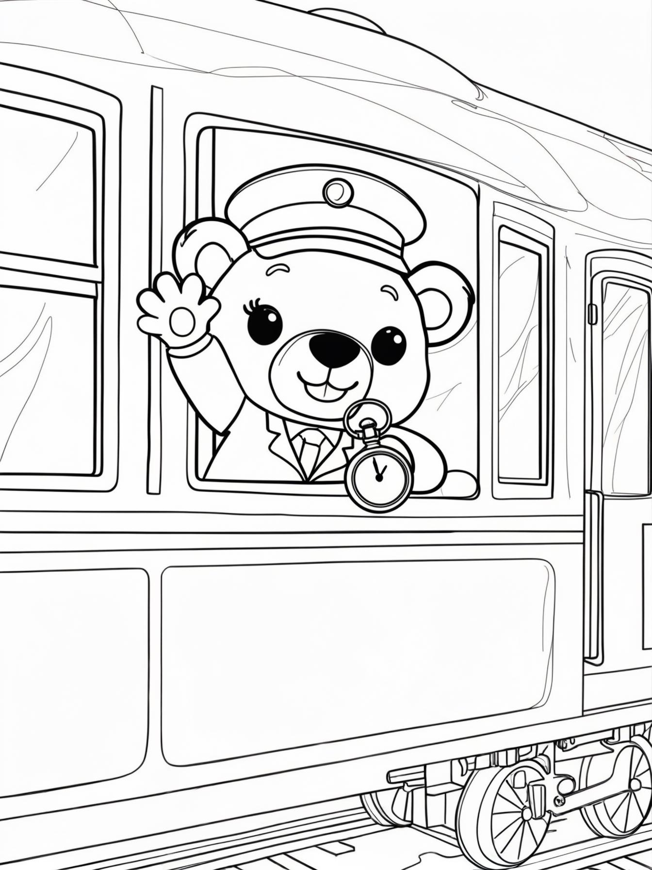A cute bear wearing a conductor’s hat and holding a pocket watch, waving from the window of a train car going from the left to the right
