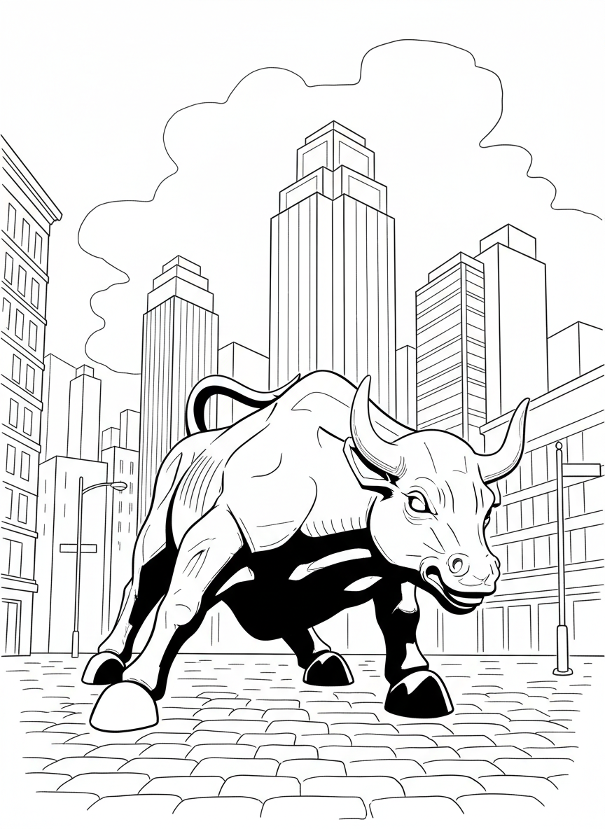 The Charging Bull statue in the Financial District, powerful bull in dynamic pose, simple background with city buildings.