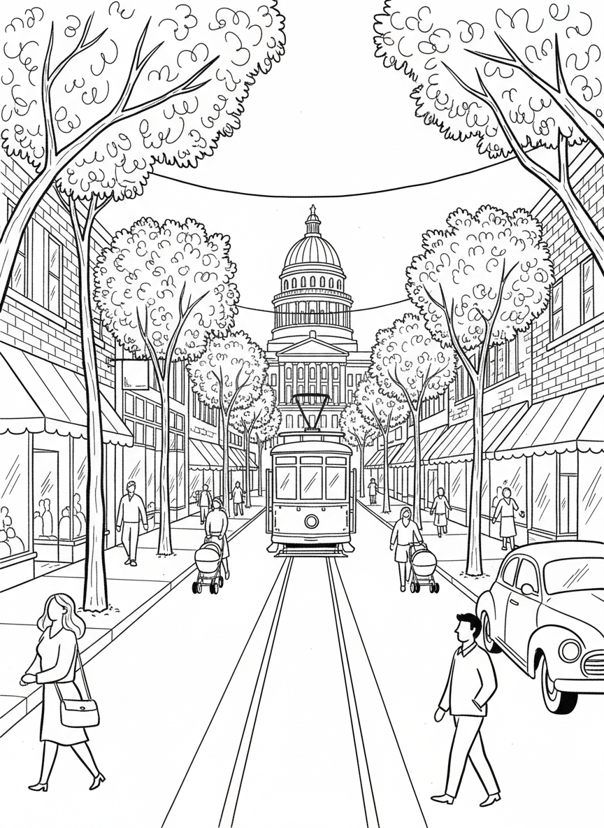 Congress Avenue street view with shops, trees, and people walking, simple perspective drawing for older kids