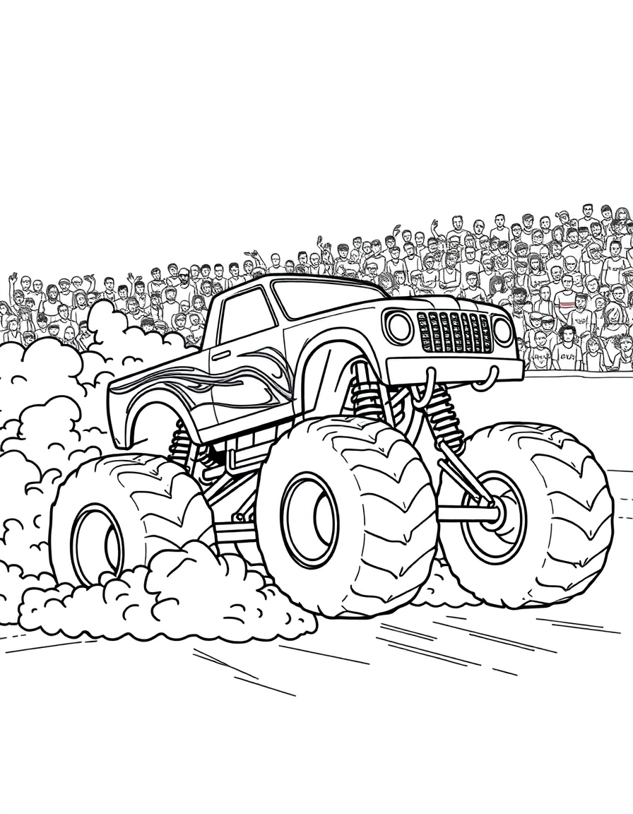 A monster truck doing donuts in the dirt, big smoke circles rising, crowd going wild