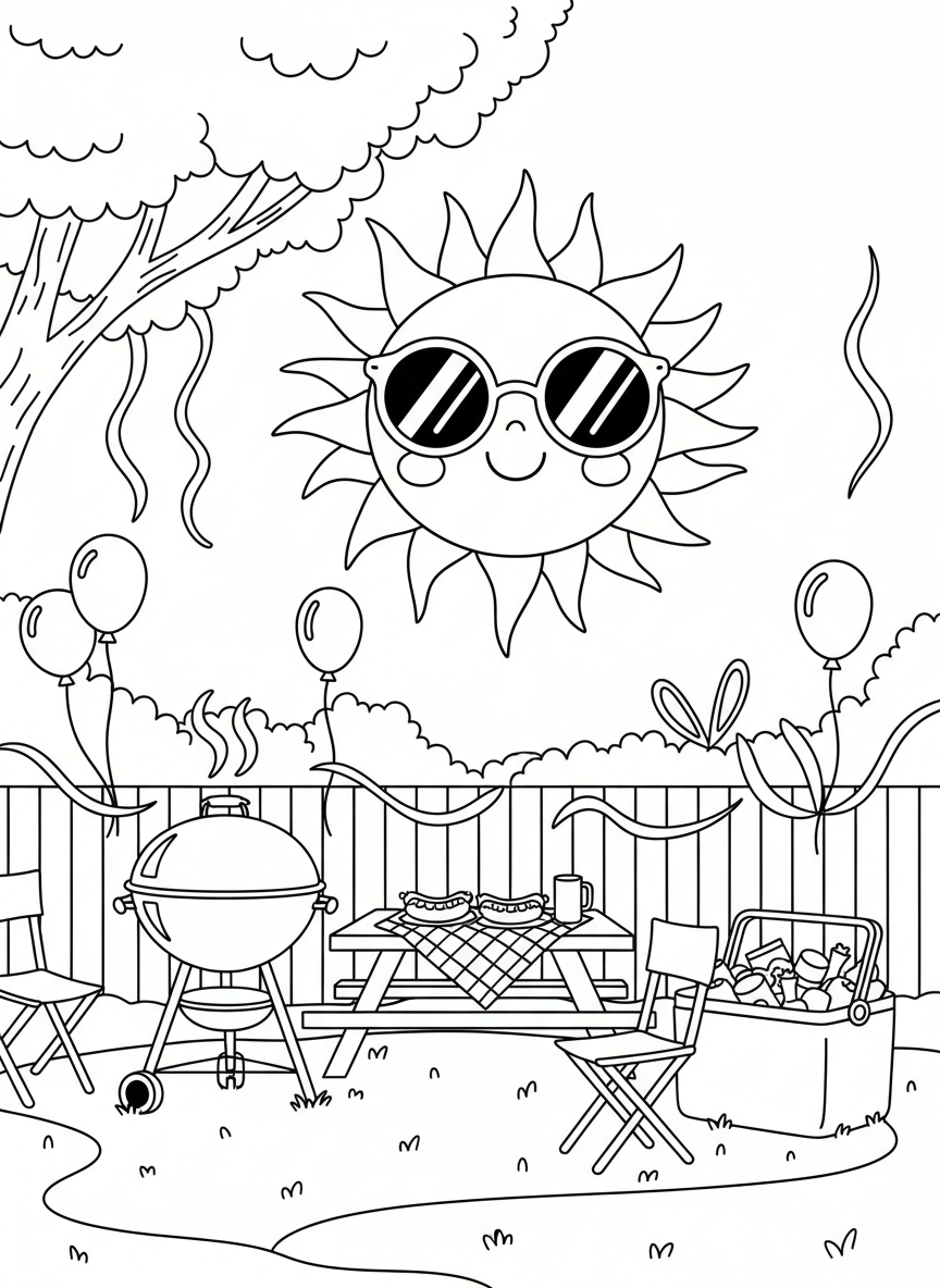 A cute cartoon sun wearing sunglasses shining over a backyard BBQ scene with balloons and streamers.