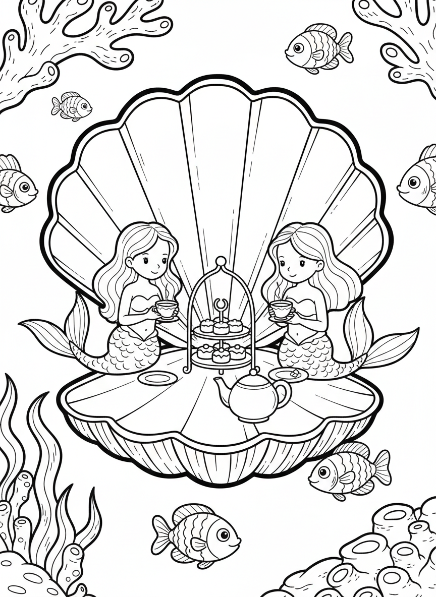 Two young mermaids having a tea party on a giant clamshell, with small fish swimming around them