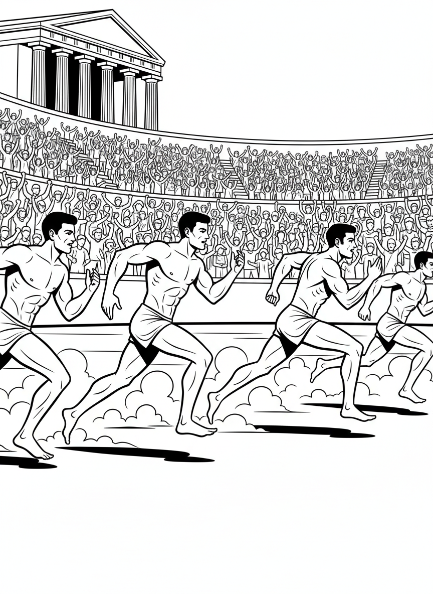 Greek Olympic athletes competing in a footrace, running across a stadium with spectators cheering from tiered seating areas.