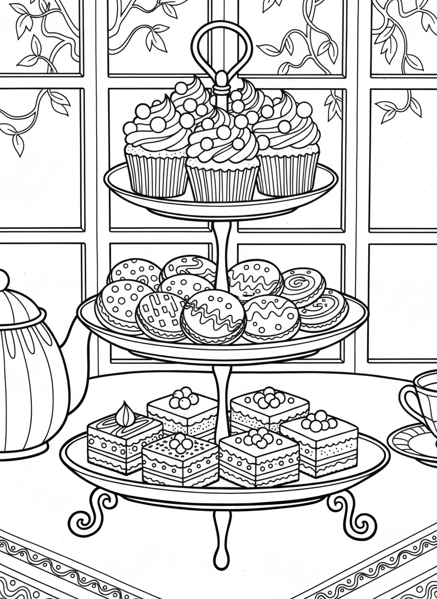 A tiered cake stand displaying cupcakes, cookies, and petit fours, with decorative frosting swirls and sprinkles on each treat.
