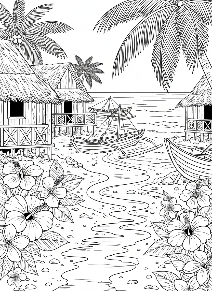 A beachside village with wooden huts, fishing boats pulled onto the sand, and tropical flowers blooming throughout the area.