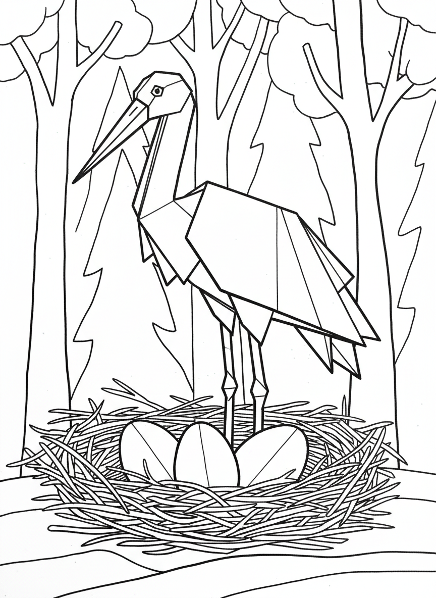 An origami stork standing in a nest with eggs, featuring long legs, pointed beak, and wide folded wings tucked at sides.