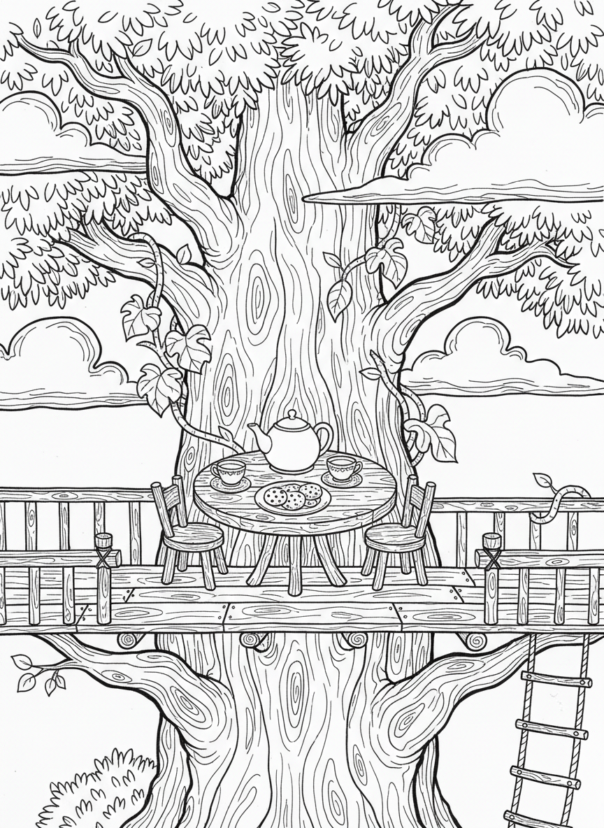 Treehouse tea party setup with a small table, teapot, cups, plates of cookies, and two tiny chairs.
