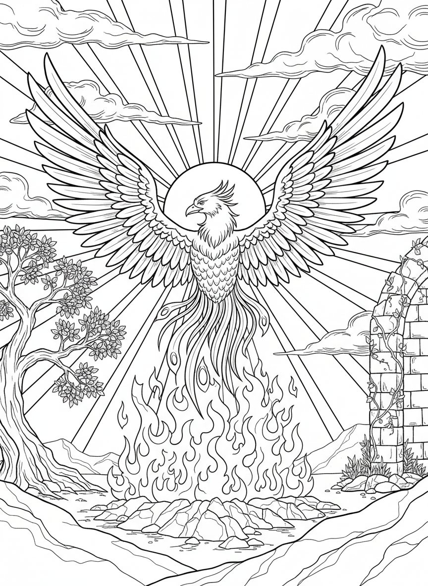 A phoenix rising from glowing embers with wings spread wide against a colorful sunrise sky.