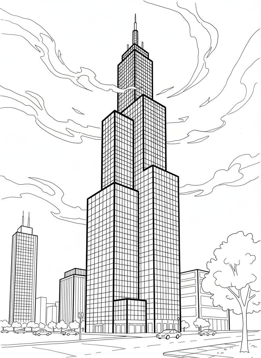 Willis Tower (Sears Tower) standing tall with clouds around the top, simple skyscraper outline with rectangular windows, perfect for coloring