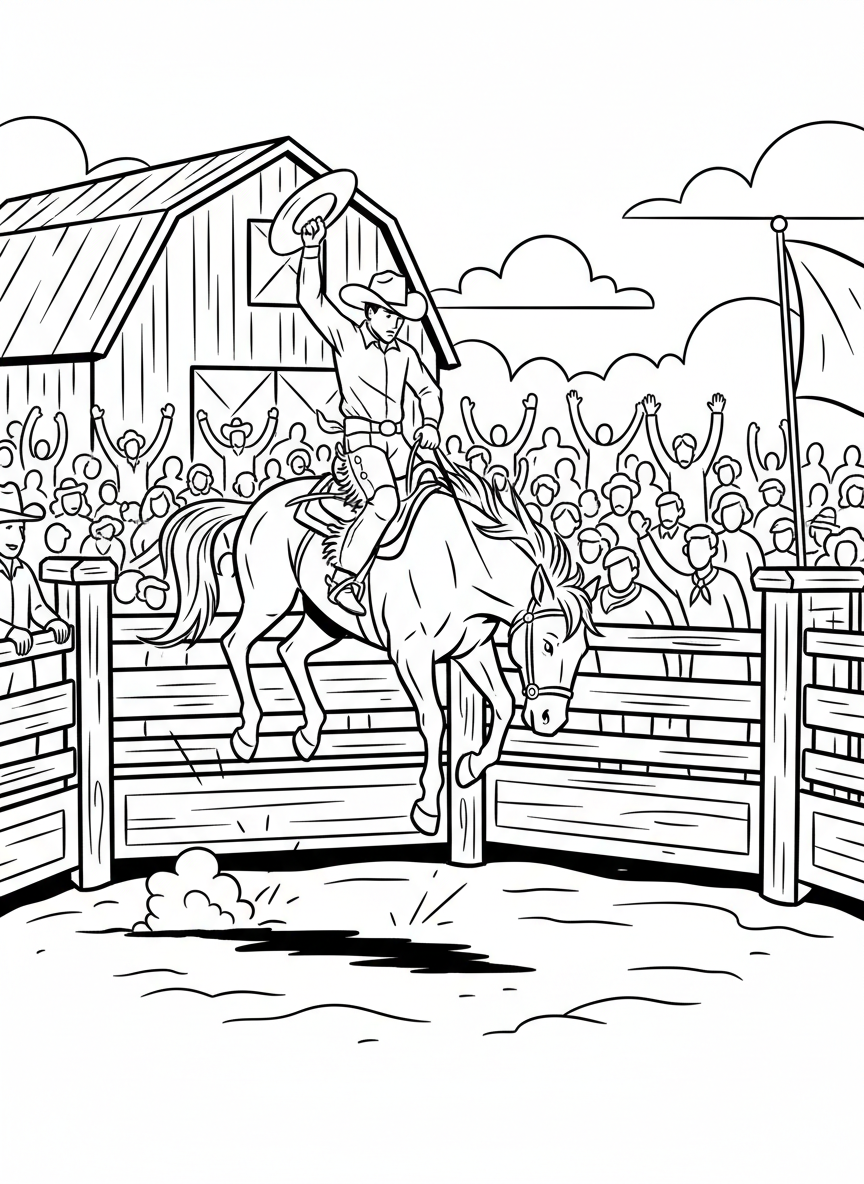 A cowboy riding a bucking bronco at a rodeo with a fence and cheering crowd in the background, line art style