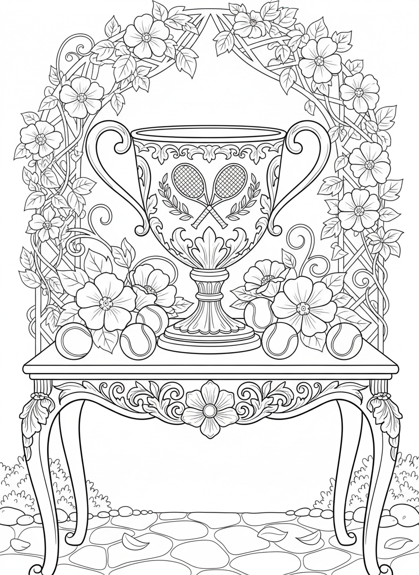 The championship trophy on a presentation table with tennis balls and flowers around it, detailed decorative elements.