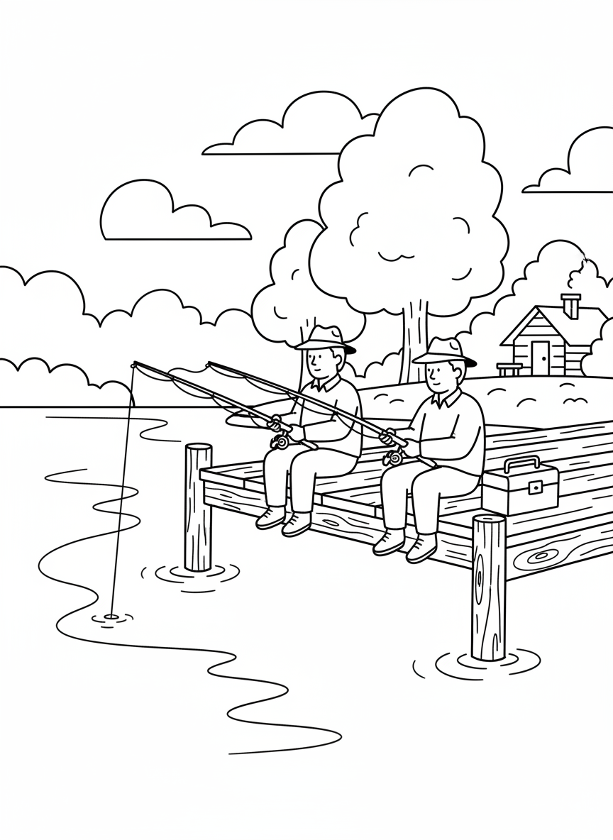Two campers fishing from a wooden dock, holding fishing rods with a tackle box nearby.