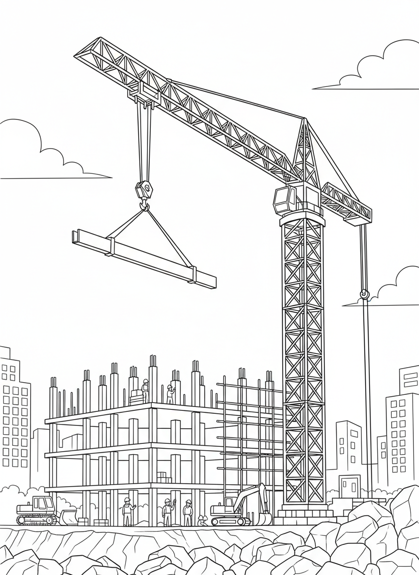 A large tower crane lifting steel beams at a construction site, with simple geometric shapes and clear outlines, perfect for coloring.