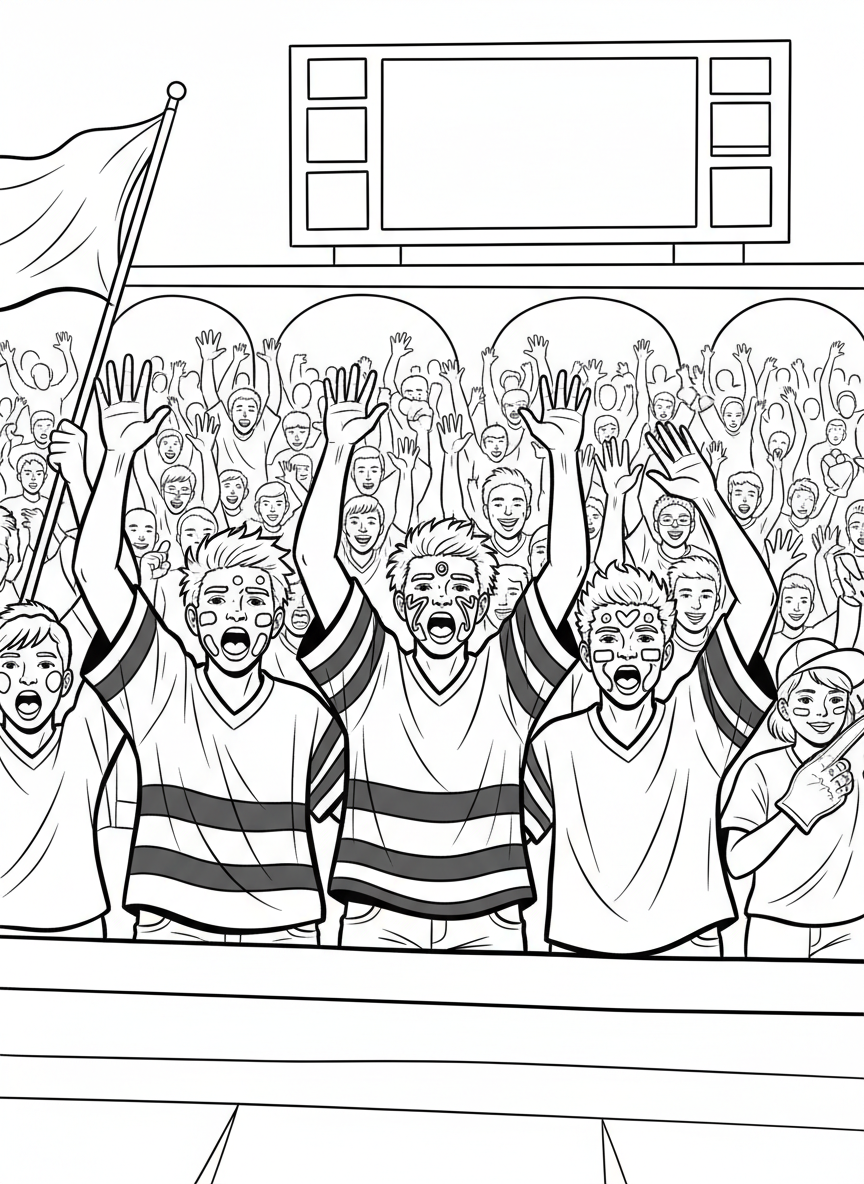 A group of young fans wearing team jerseys and face paint, cheering with hands in the air, excited crowd scene