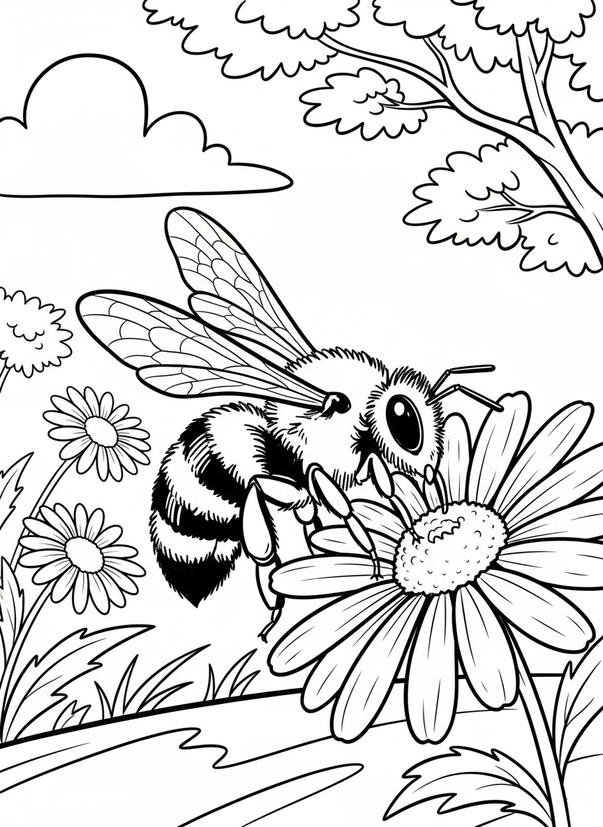 A busy honeybee collecting nectar from a daisy, with detailed wings and fuzzy body stripes.