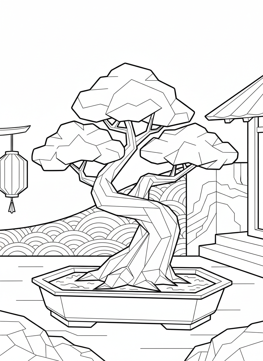An origami bonsai tree in a rectangular pot with a curved trunk and cloud-like foliage made of geometric shapes, showing traditional styling.