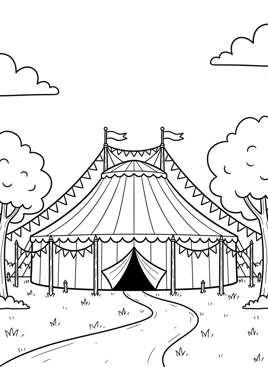 A big top circus tent exterior view with flags on top, entrance flaps open, and pennant banners strung around.
