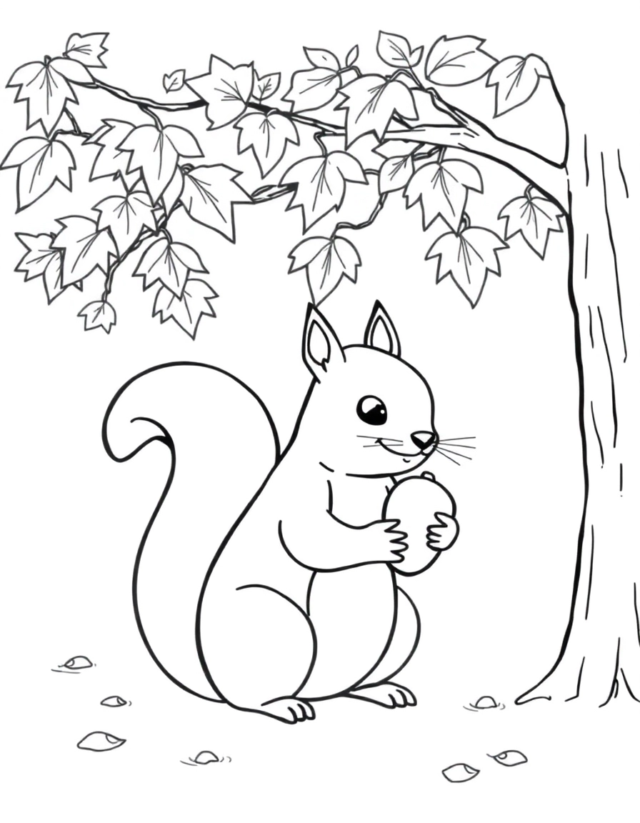 Squirrel holding an acorn under a maple tree in autumn