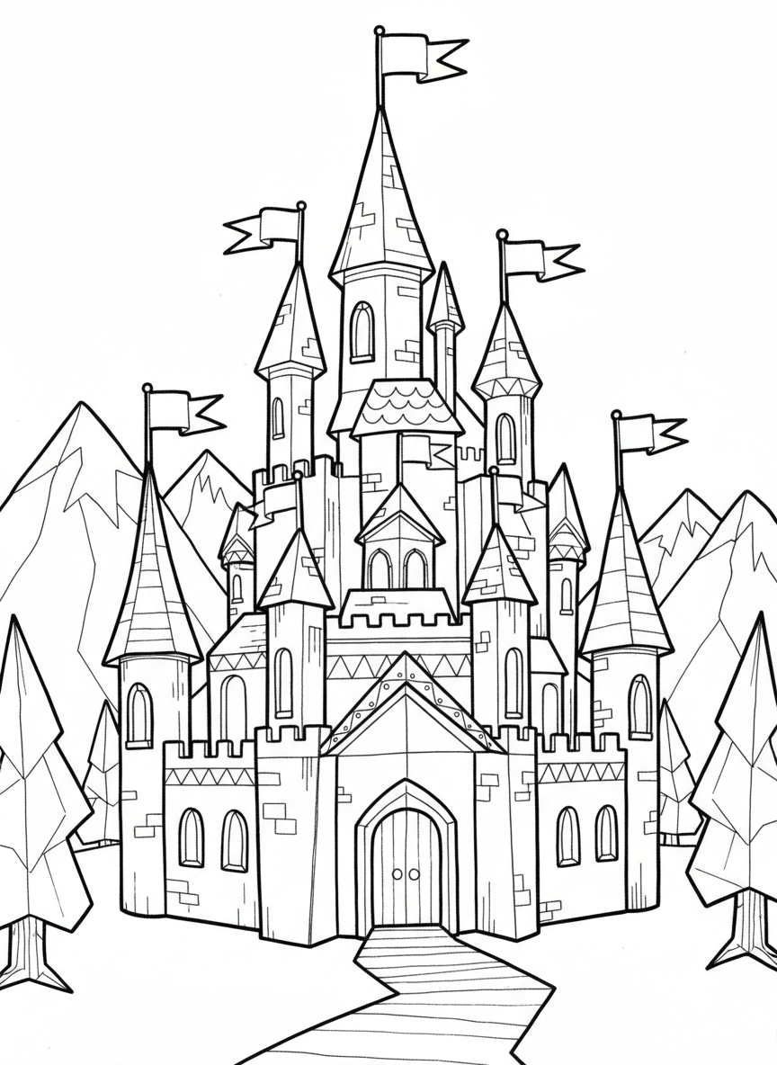 A fairy-tale origami castle with pointed turrets, flags on top, arched doorways, and decorative paper-fold details along the walls.