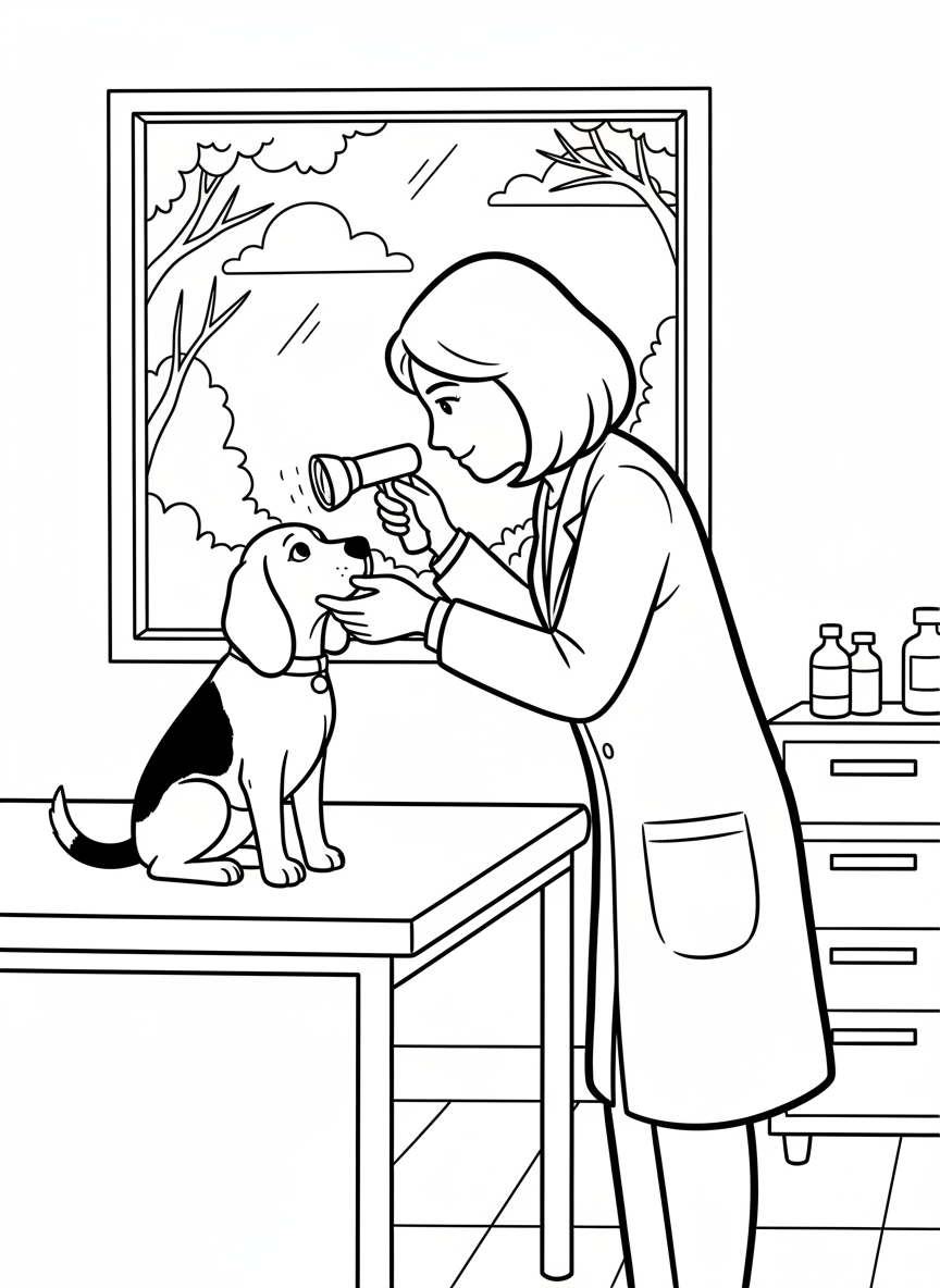 A veterinarian using a flashlight to check a beagle's eyes during an examination, dog sitting patiently