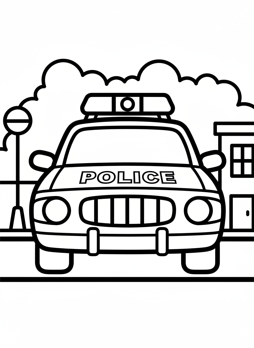 A police car with lights on top and official markings on the doors, simple front view with clear details for young children