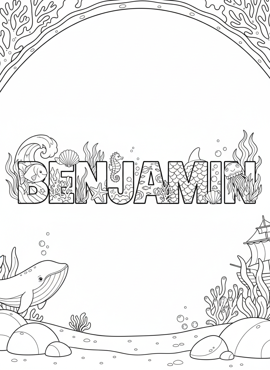 The name BENJAMIN in letters decorated with ocean themes including fish, waves, and seashells, black and white coloring page