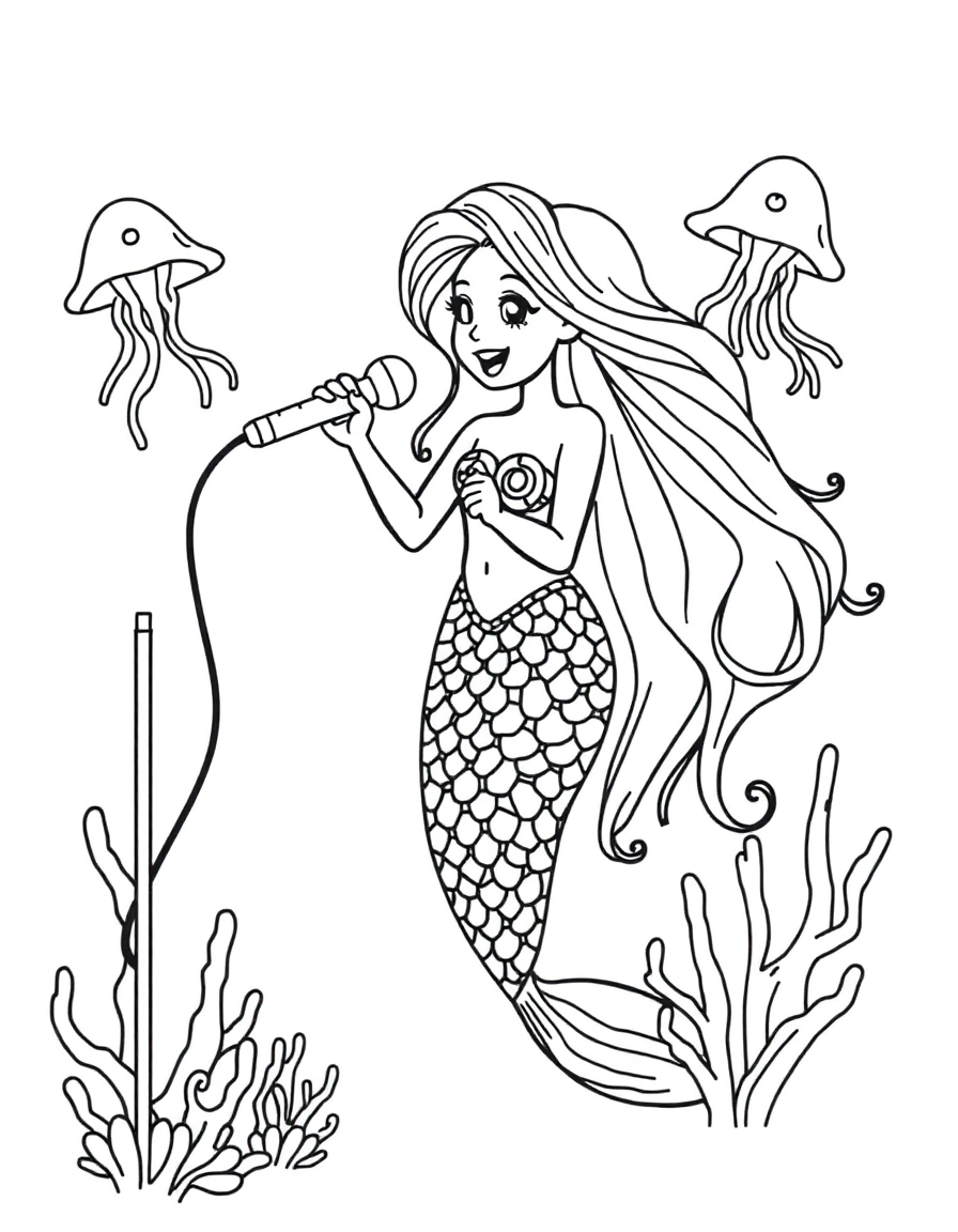 A mermaid singing with a microphone made of coral, jellyfish providing stage lights