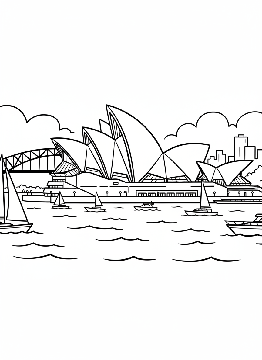 The Sydney Opera House with its distinctive shell-shaped roof sections by the harbor, boats in the water nearby.