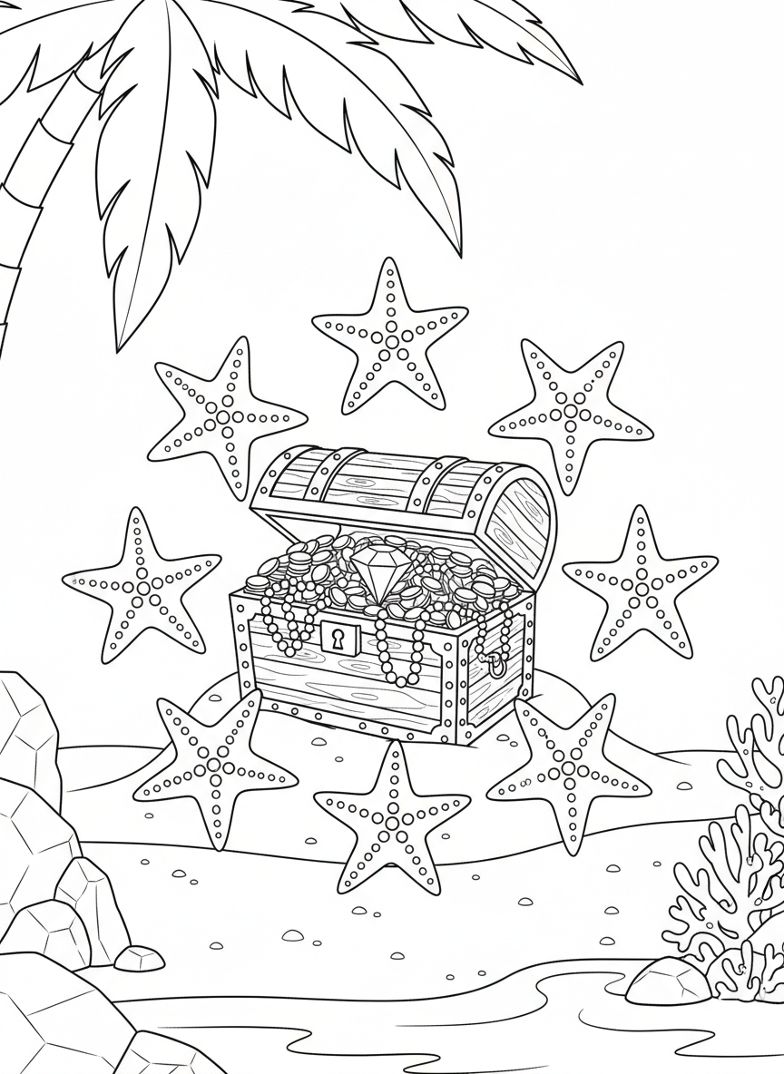 Coloring page showing exactly 10 starfish arranged in a circle around a treasure chest, combining counting with an adventure theme.