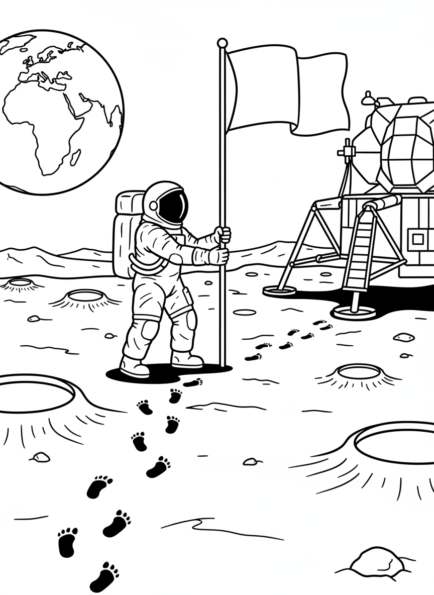 An astronaut planting a flag on the moon surface next to their lunar lander, footprints visible in the moon dust
