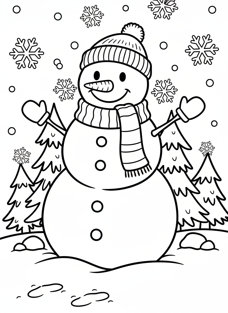 A winter scene with a snowman, pine trees, and falling snowflakes, seasonal design