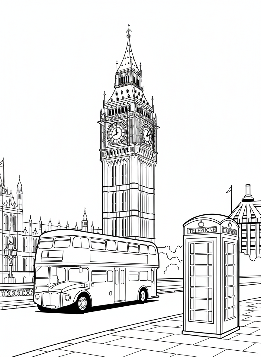 Big Ben clock tower in London with a double-decker bus passing by and a telephone booth on the street corner.