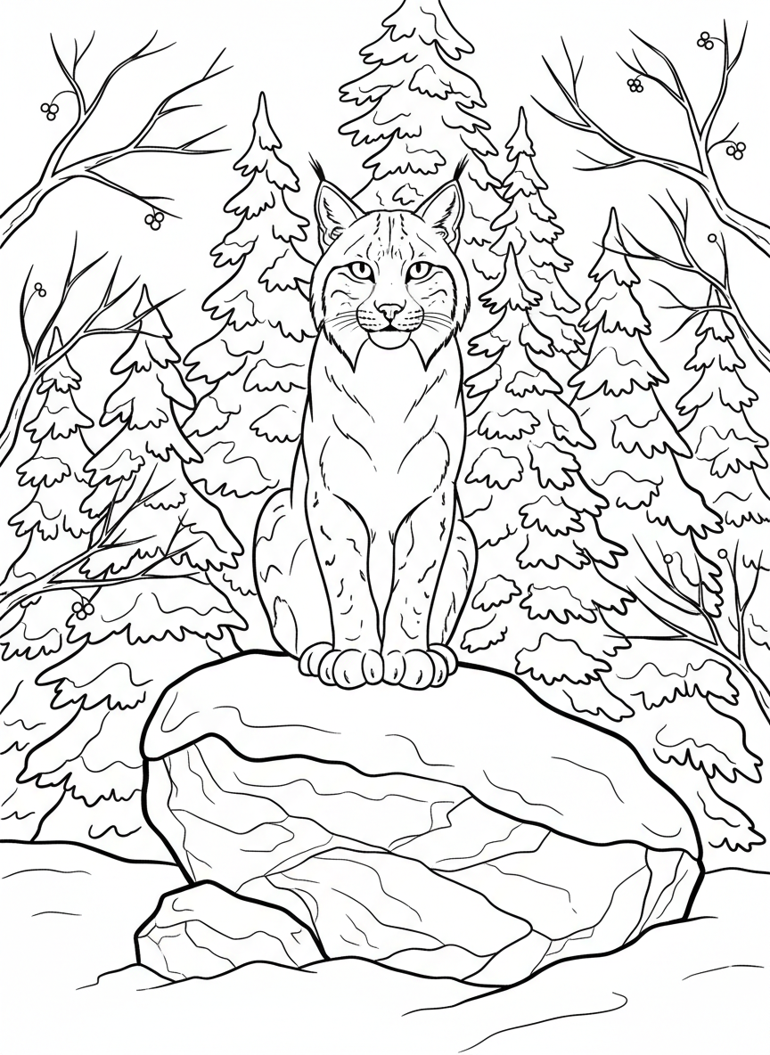 A lynx sitting alert on a snowy forest rock, with evergreen trees and winter branches around it.
