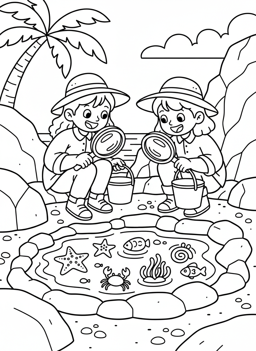 Two children with buckets and magnifying glasses crouching beside a tide pool, observing creatures with excited expressions.