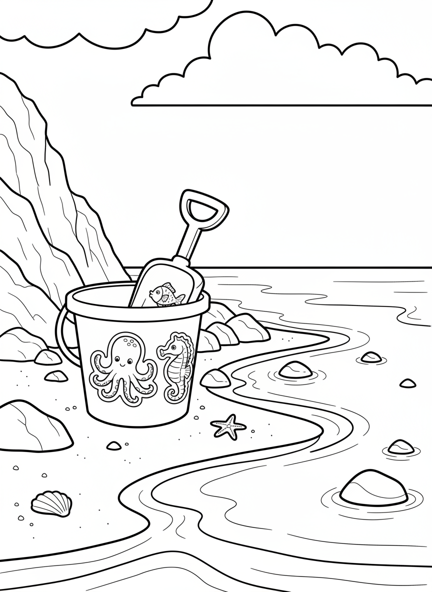 A simple bucket and shovel set decorated with ocean animal stickers, sitting next to a calm tide pool with gentle waves.
