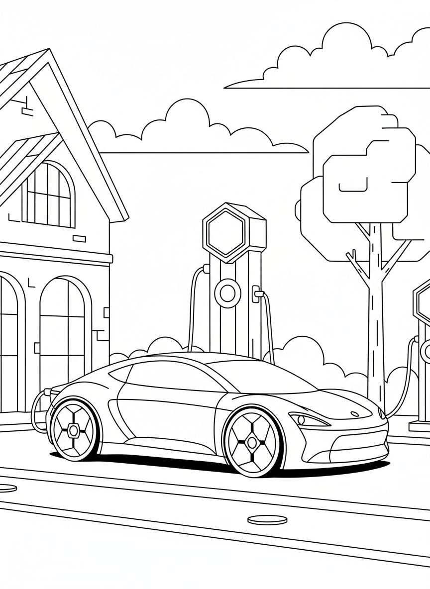 A futuristic electric car with smooth curves and unique wheel designs, charging at a station with simple geometric shapes