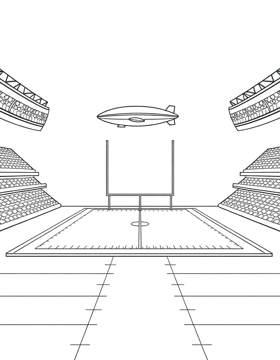 american football: The Stadium: A wide view of a football field with the goalposts and a blimp flying overhead