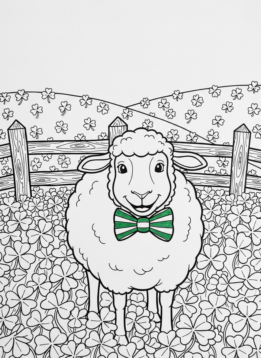 A smiling sheep wearing a green bow and standing in a meadow full of clovers, with rolling hills and a fence behind it.
