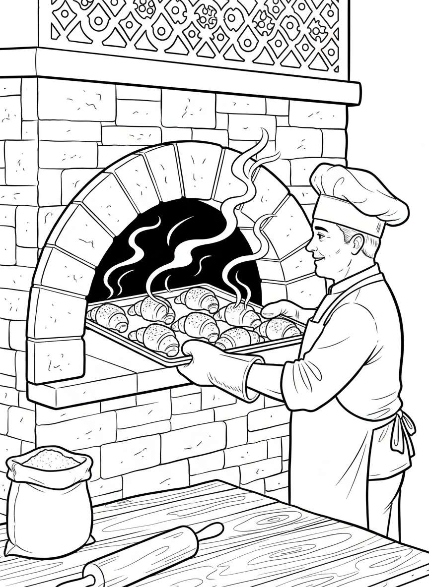 A baker pulling a tray of fresh croissants from an oven, with steam rising from the golden pastries